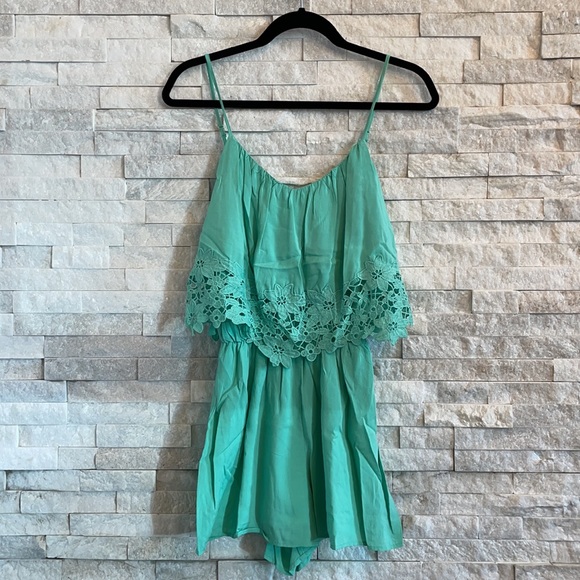 Mint / Turquoise Layered Romper with Crochet Lace Trim - Picture 4 of 4